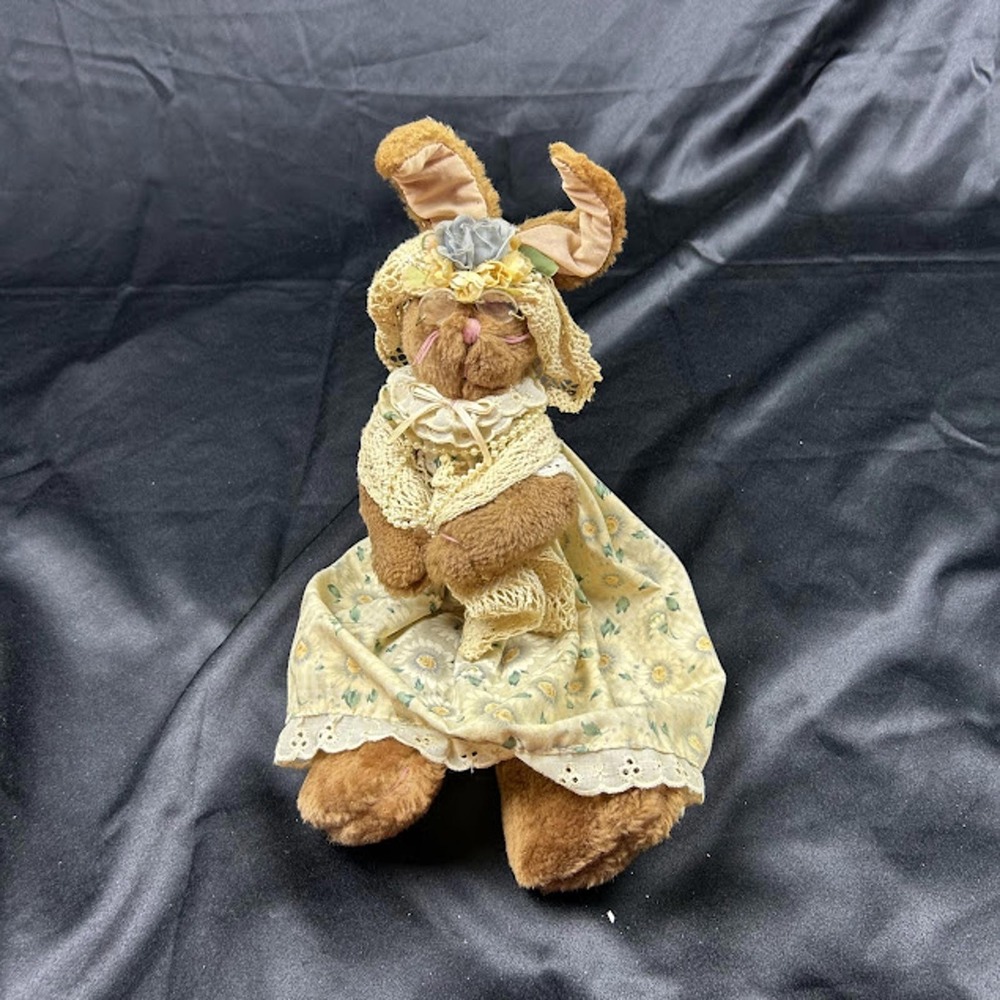 Vintage Style Plush Bunny Rabbit Grandmother Floral Dress Bonnet Glasses 14in